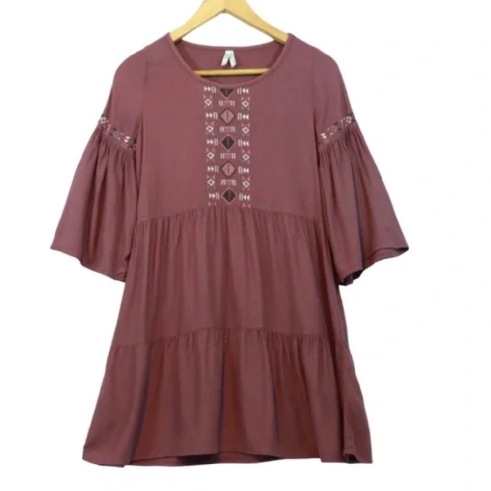 Mudd Plum Purple Embroidered Tiered Boho Dress Size Large